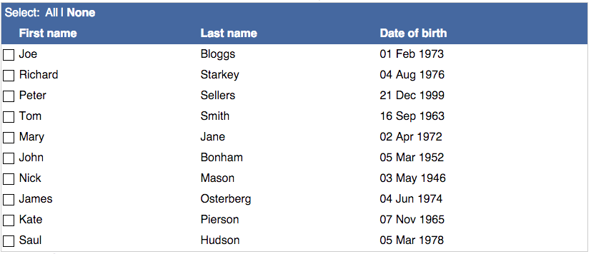 Table with multiple row selection and select all as text