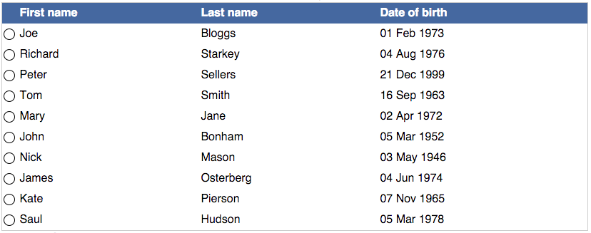 Table with single row selection