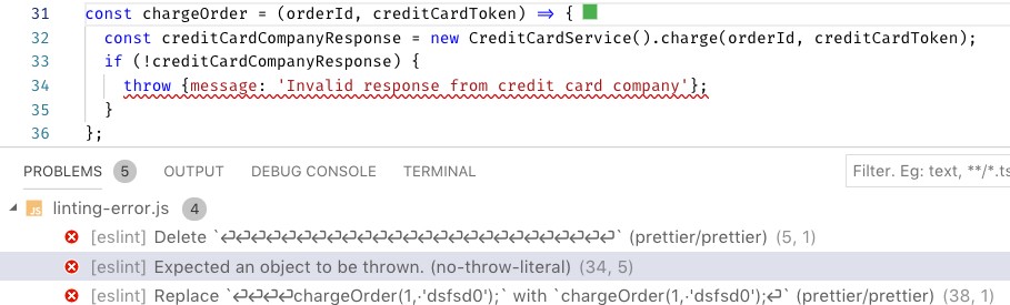 The wrong Error object is thrown mistakenly, no stack-trace will appear for this error. Luckily, ESLint catches the next production bug alt text