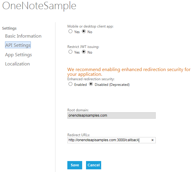 Specify API settings in the Microsoft Application Registration Portal