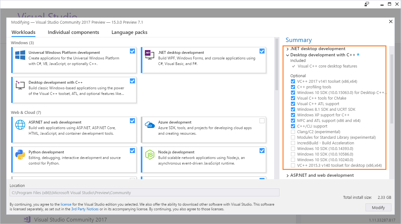 VS2017 Option screen VS2017 Option screen